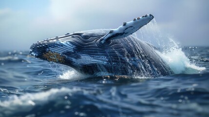 Fototapeta premium A majestic blue whale leaps out of the ocean, showcasing its impressive size and strength.