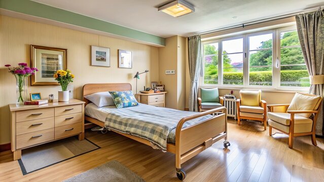Elderly person's bedroom in a nursing home, bed, room, interior, healthcare, medical, elderly, senior, care, bedridden