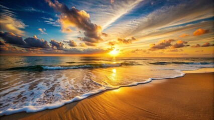 A Golden Sunset Over the Ocean, Painting the Sky with Hues of Orange, Pink, and Blue, As Gentle Waves Lap the Sandy Shore
