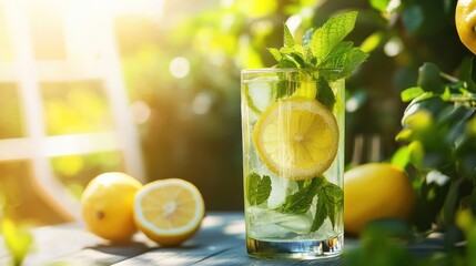 Fototapeta premium Refreshing lemonade with mint leaves and ice in a tall glass with lemons on the side.