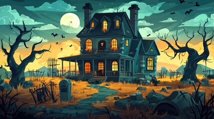 A Haunted House with a Full Moon and Dead Trees