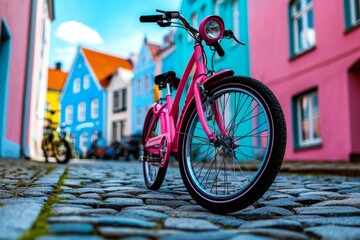 Pink bicycles lined up on a cobblestone street, with pastel houses in the background, creating a charming and whimsical scene