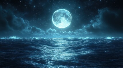 A serene night scene featuring a luminous moon over the ocean.