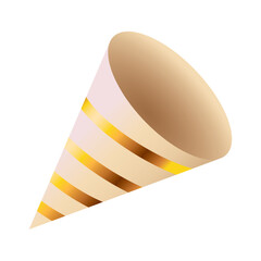 Elegant golden striped party cone vector illustration for festive decorations and celebration themes