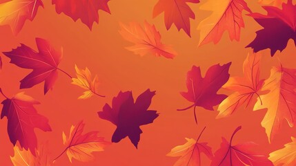 Fototapeta premium A vibrant autumn scene with colorful falling leaves in shades of orange, red, and yellow. The illustration captures the essence of fall, with leaves swirling through the air in a soft breeze,