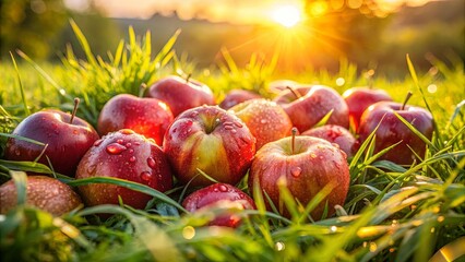 A cluster of red apples, glistening with dew drops, nestles in a bed of vibrant green grass, bathed in the warm glow of a setting sun.