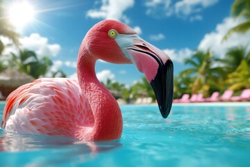 Retro-style poster of a pink flamingo by a poolside, with bold pink and pastel colors capturing a vintage, summery vibe