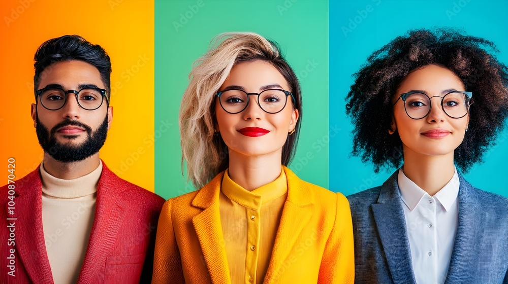 Poster diverse group of business professionals in a colorful,vibrant portrait showcasing the power of a mul