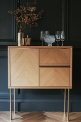 Modern Oak Cabinet with Brass Legs and Two Doors