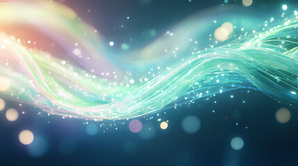 Fototapeta premium Abstract close-up of glowing green and blue optical fibers with wave-like motion evoking futuristic communication 