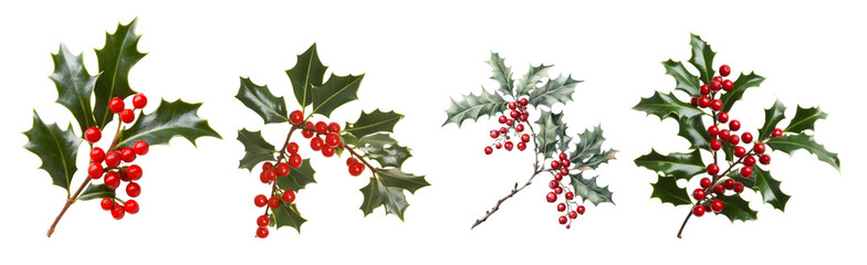 Obraz premium Close-up of holly branches with bright red berries and green leaves on a white background.