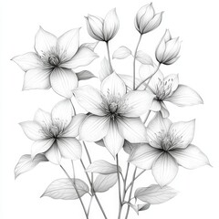 Detailed Black and White Line Drawing of Flowers