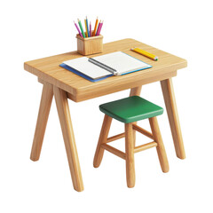 Fototapeta premium A school desk with a notebook and pencil, classroom element, 3D rendering, realistic style, isolated on white background