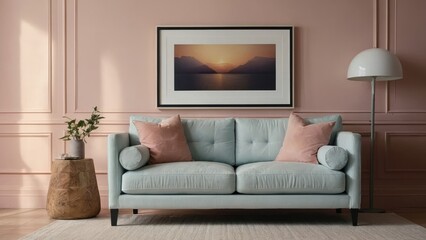 Stylish and Elegant Living Room Interior Featuring Blue Sofa, Pink Pillows, and Sunset Painting
