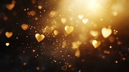 Obraz premium A shimmering background filled with golden hearts and soft bokeh, creating a romantic and magical atmosphere.