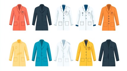 Colorful collection of lab coats in various styles and colors on white background.