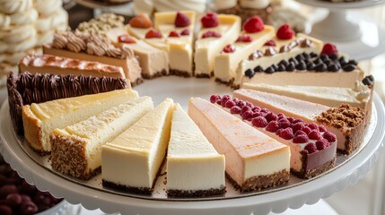 A variety of cheesecake slices elegantly arranged on a platter, showcasing different flavors and toppings, enticing dessert lovers.