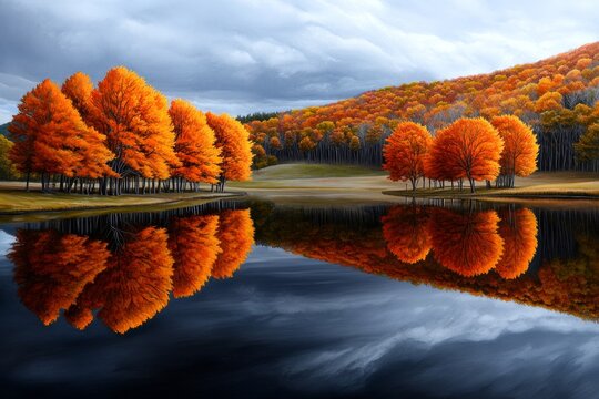 Watercolor autumn landscape, featuring a peaceful lake surrounded by colorful trees in a soft, muted palette