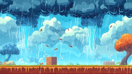 A cartoon landscape with heavy rain pouring from dark clouds, trees, and brick structures.