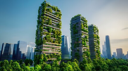 Fototapeta premium A futuristic cityscape featuring tall green skyscrapers adorned with lush vegetation, highlighting sustainable architecture amidst a vibrant urban environment.
