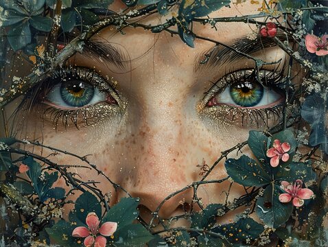 Close Up Portrait of a Woman with Flowers and Branches