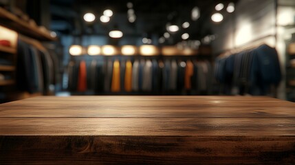A wooden table in the foreground, with a blurred clothing display in the background, creating a warm and inviting retail atmosphere.