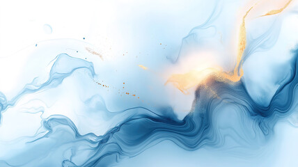 Elegant watercolor fluid painting in white and blue shades with golden marble