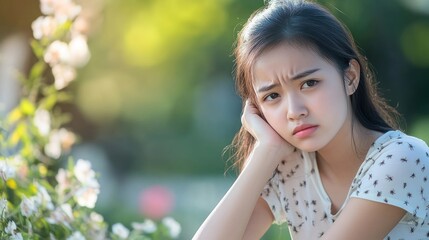 Naklejka premium Sad young woman with black hair and white shirt looks down with a sad expression, sitting in a park with flowers.