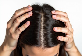 Naklejka premium High-Detail Macro Shot of Dark Brown Hair Parting: Capturing the Essence of Scalp Health and Hair Care Techniques