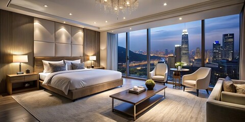 A Luxurious Bedroom with a Breathtaking View of the City Lights at Dusk