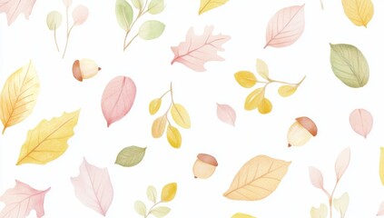 Charming Children's Book Illustration Featuring Pastel Pink, Yellow, and Green Leaves and Acorns on a White Background in a Simple Watercolor Style

