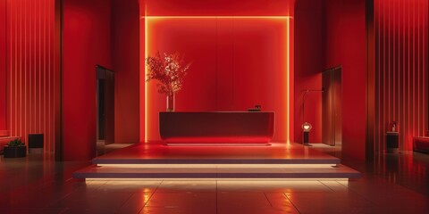 Minimalist Red Hotel Lobby Interior Design with Sleek Reception Desk and Warm Lighting.