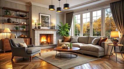 Fototapeta premium Stylish furniture arrangement in a cozy living room, centered around a corner fireplace, promotes a warm, inviting ambiance perfect for relaxation and gatherings.