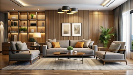 Fototapeta premium This vibrant living room layout showcases two walls that enhance comfort and modern style, blending contemporary furnishings to foster a cozy, inviting space for gatherings.