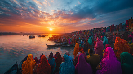 Magh Mela, thousands of devotees gather on the banks of the Ganges River, wearing colorful traditional clothes, people take a holy dip in the calm river water at sunrise, Ai generated images