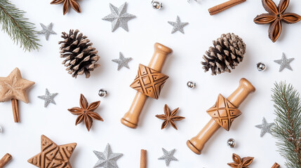 Fototapeta premium Decorative elements including stars, pinecones, and spices for celebrating Hanukkah festivities