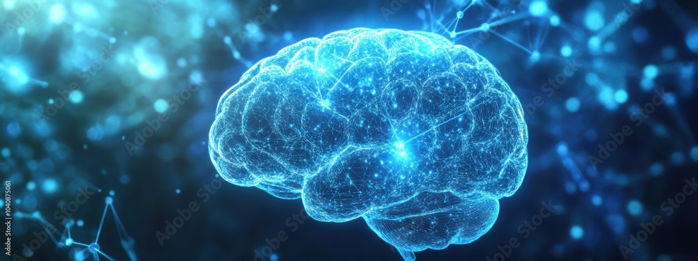 Poster glowing blue neural brain model, intricate 3d representation of brain structure, showcasing neural c
