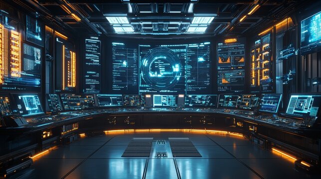 Futuristic Control Room with Monitors Displaying Data and Graphs