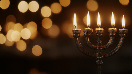 Fototapeta premium A beautifully lit menorah with five glowing candles during Hanukkah celebrations at home