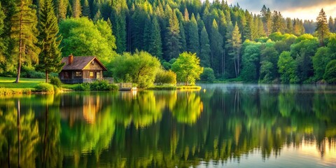Obraz premium A Rustic Cabin Perched on the Edge of a Tranquil Forest Lake Reflecting the Serenity of Nature