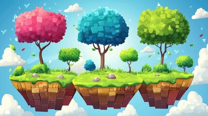 Three floating islands with colorful trees in a blue sky