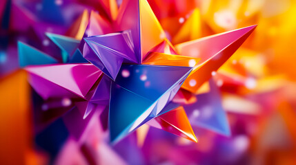  abstract 3D background featuring vibrant geometric shapes in various colors, with smooth gradients and dynamic angles, set against a soft, blurred backdrop.