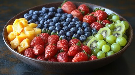 A colorful platter of fresh fruit, including strawberries, blueberries, kiwi, grapes, and mango.