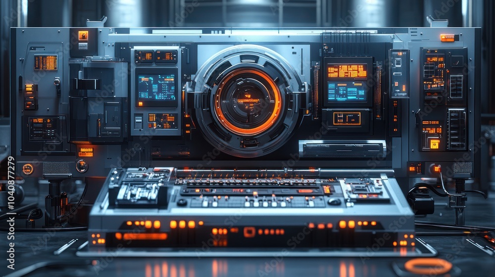 Poster futuristic control panel with glowing displays and buttons.