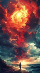 Cosmic Sunset: A Solitary Figure Gazes at the Celestial Canvas