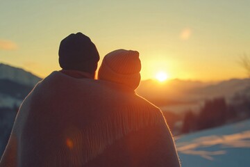 Cozy Couple Enjoying Sunrise in Warm Blankets