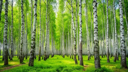 Obraz premium Sunlight filters through the canopy of a dense birch forest, casting dappled shadows on the lush green undergrowth.