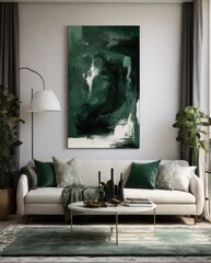 Modern Living Room with Emerald Green Abstract Art