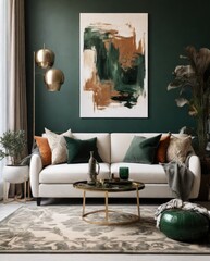 Modern Living Room with Green and Brown Abstract Art