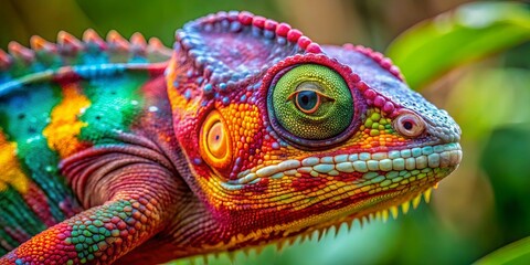 Fototapeta premium A Close-Up Portrait of a Vibrantly Colored Chameleon with a Striking Eye, its Skin a Kaleidoscope of Hues, its Gaze Focused and Intense, a Master of Camouflage and a Symbol of Adaptability